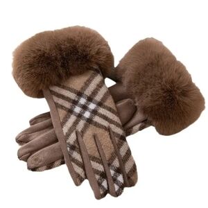 Brown Plaid Women's Gloves with Faux Fur Trim